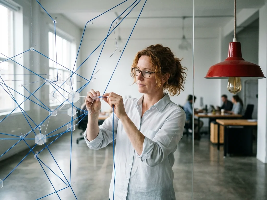 Professionnelle ajustant un réseau de connexions sur verre pour illustrer le maillage interne et le netlinking.