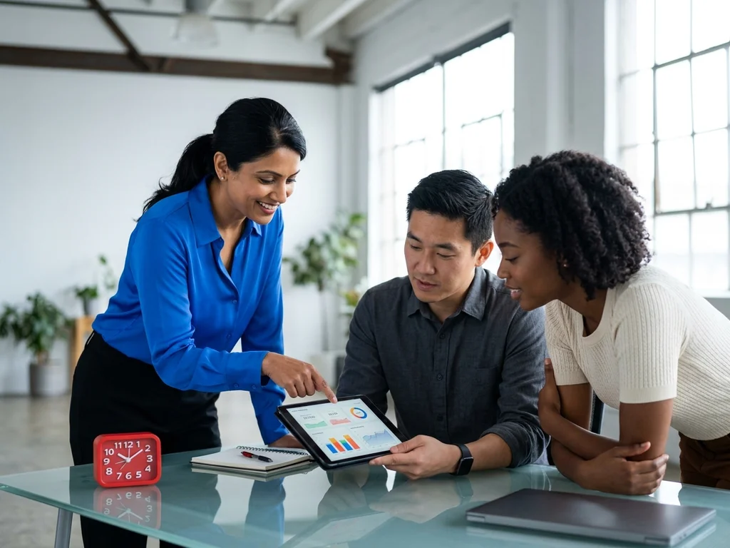 Consultants experts analysant des graphiques de performance SEA sur une tablette en agence digitale.