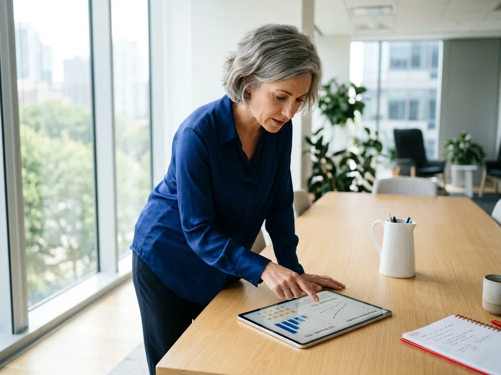 Une experte examine des indicateurs de réputation pour booster l'acquisition d'avis clients à Boulogne-Billancourt.